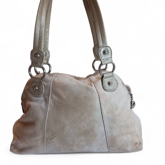 Kathy Van Zeeland Gold Tone Shoulder Bag Faux Suede Metallic Trim - Picture 4 of 16